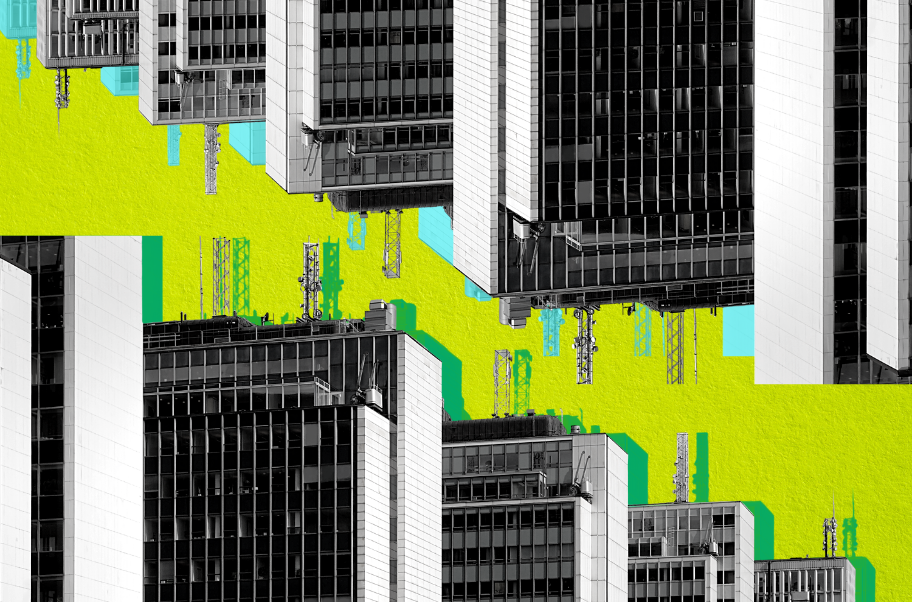 Black and white stylized image of office buildings. The image is reversed at the top of the page. The background is bright yellow and the buidlings have green and blue stylized shadows.